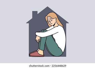 Unhappy young woman sitting in house isolating herself in dwelling. Upset stressed female suffer from self-isolation at home. Stay at home concept. Vector illustration. 