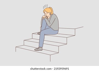 Unglückliche junge Frau, die auf einer Treppe sitzt und sich deprimiert fühlt. Entsetzliches Mädchen leidet unter Einsamkeit oder Einsamkeit. Depression und Kommunikation fehlen. Vektorgrafik. 