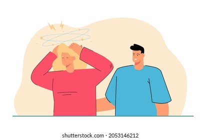 Unhappy young woman stressed by man talking. Mad furious angry female distressed annoyed communicating with male. Flat vector illustration. Relationship problem concept.