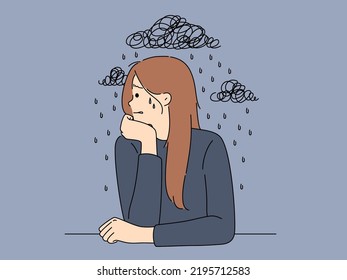 Unhappy young woman suffer from depression and repetitive thoughts. Upset female cry struggle with mental disorder and stress. Psychology problem concept. Vector illustration. 