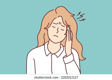 Unhappy young woman suffer from migraine or headache. Unhealthy girl struggle with head spasm having health problems. Medicine and healthcare. Vector illustration. 