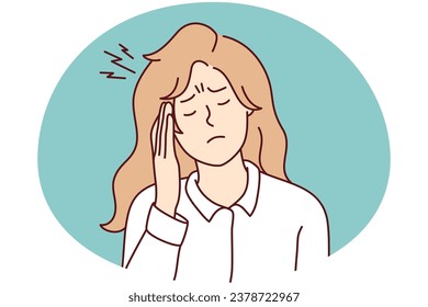 Unhappy young woman suffer from migraine or headache. Unhealthy girl struggle with head spasm having health problems. Medicine and healthcare. Vector illustration.