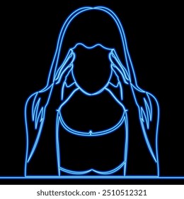 Uma jovem infeliz sofre de enxaqueca ou dor de cabeça. Meninas insalubres lutam com espasmos na cabeça tendo problemas de saúde. Medicamento e ícone de saúde neon brilho vetor ilustração conceito