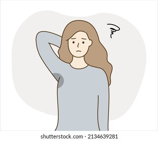 Unhappy Young Woman Suffering From Bad Smell Armpit Sweat Stain Problem. Health, Hyperhidrosis, Beauty, Skin Care Concepts. Hand Drawn Style Cartoon Character Vector Design Illustrations.