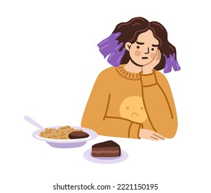 Mujer joven infeliz que sufre de desorden alimentario, que se niega a comer. Pérdida de apetito, síntoma de depresión, anorexia, bulimia. Ilustración de carácter vector dibujada a mano.