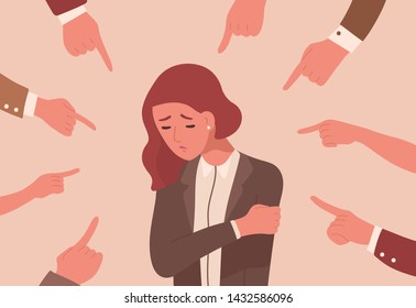 Unhappy Young Woman Surrounded By Hands With Index Fingers Pointing At Her. Concept Of Victim Blaming, Public Disapproval, Humiliation, Abjection, Guilt. Flat Cartoon Colorful Vector Illustration.