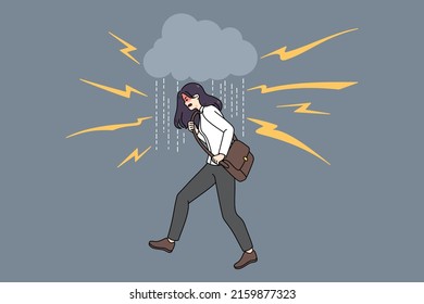 Unhappy young woman surrounded by lightings feeling aggression and rage. Angry mad female struggle with negative emotions and nervous breakdown. Psychological problem. Vector illustration. 