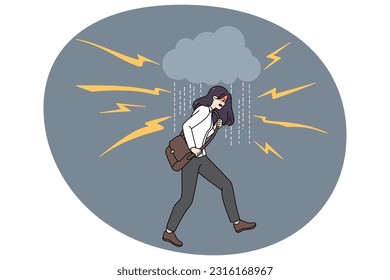 Unhappy young woman surrounded by lightings feeling aggression and rage. Angry mad female struggle with negative emotions and nervous breakdown. Psychological problem. Vector illustration.