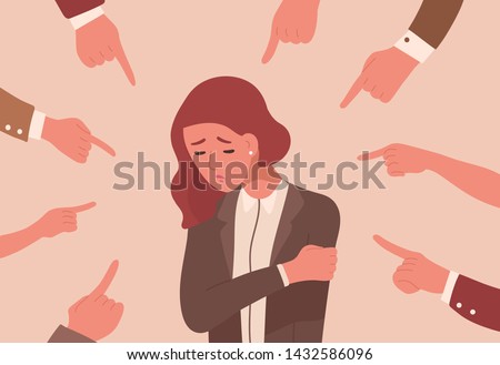 Unhappy young woman surrounded by hands with index fingers pointing at her. Concept of victim blaming, public disapproval, humiliation, abjection, guilt. Flat cartoon colorful vector illustration.