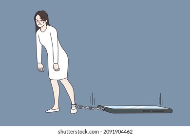 Unhappy young woman tied to cellphone suffer from technology dependence. Upset distressed girl chained to smartphone, have social media addiction. Gadget dependence problem. Vector illustration. 