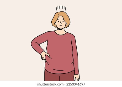 Unhappy young woman touch fat belly distressed and excessive weight  Upset overweight female distressed and obesity show extra kilos  Vector illustration  