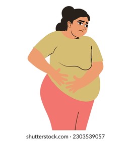 Unhappy young woman touch fat on belly distressed with excessive weight. Upset overweight female distressed with obesity show extra kilos. Vector illustration.