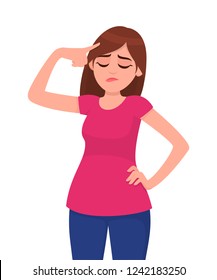 Unhappy young woman touching head while closed eyes. Woman holding fingers on her temples. Human emotion and body language concept illustration in vector cartoon flat style.