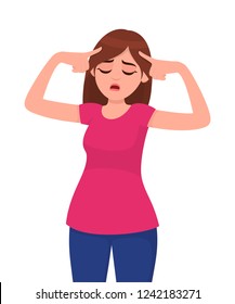 Unhappy young woman touching head while closed eyes. Woman holding fingers on her temples. Human emotion and body language concept illustration in vector cartoon flat style.