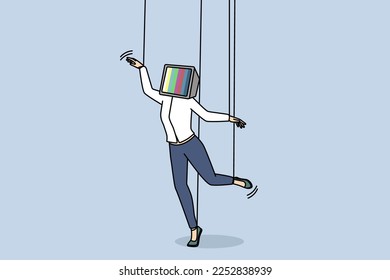 Unhappy young woman with TV on head and hands on ropes feeling manipulated. Girl manipulation with media and television. Vector illustration. 