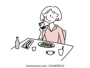 Unhappy young woman using phone while having meal at restaurant. Melancholy young woman using phone online at café while she eating her lunch. Unhappy woman sitting at dining table and texting. 