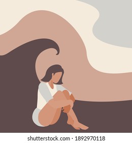 Unhappy,sad young  lady hug her knee and cry.Alone woman Suffering From Depression Sitting under dark wave on brown background Psychology, depression, bad mood, stress. Vector flat design illustration