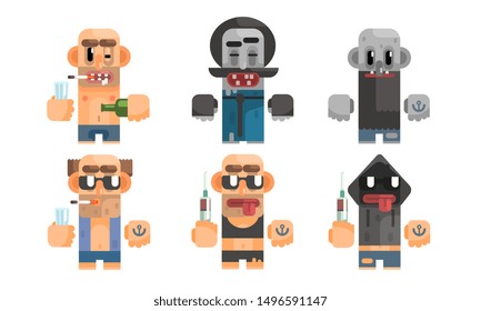 Unhealthy Addcition Lifestyle Set, Male Characters Having Pernicious Habits, Drug, Alcoholism, Smoking Vector Illustration