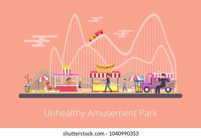 Unhealthy amusement park poster, attractions and people, shopping tents selling junk food and person smoking, garbage and trash vector illustration