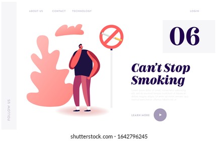 Unhealthy Bad Habit, Tobacco Addiction Website Landing Page. Man Close his Nose near Prohibited Sign with Cigarette. Passive Smoking in Public Place Web Page Banner. Cartoon Flat Vector Illustration