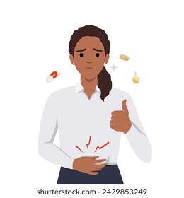 Unhealthy black woman suffer from stomachache and feel better after pill. Girl taking medication from belly pain. Medicine and pharmacology. Flat vector illustration isolated on white background