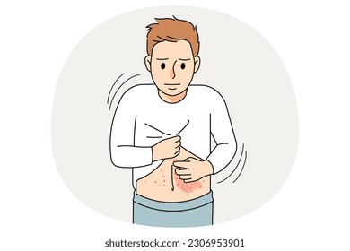 Unhealthy boy child itch body covered with red pimples suffer from dermatitis or scabies. Unwell kid feel itchy have skincare or dermatological disease. Children healthcare. Vector illustration.