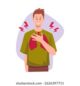 Ongezonde ademhaling man die een ontsteking op de borst met rode longen inwendige orgaan en bliksem tekening. Bronchiaal astma, allergie. Vector vlakke illustratie geïsoleerd op decoratieve achtergrond