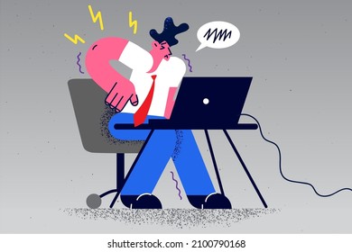 Unhealthy Businessman Sit At Desk Work On Computer Suffer From Lower Backache From Incorrect Posture. Unwell Male Employee Have Back Spasm Or Nerve Inflammation. Sedentary Job. Vector Illustration. 