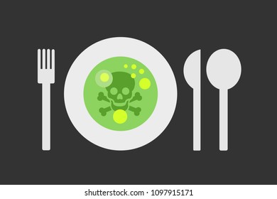 Unhealthy And Dangerous Toxic Food And Meal Is On The Plate. Poisonous Nourishment And Diet. Green Soup Is Ugly And Disgusting. Vector Illustration