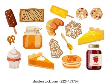 Unhealthy Desserts. Different kinds of Sweet food. Ice cream, pastries, jam, sweetness. Junk food and treatment. Flat vector illustration on white background for kitchen, store, Desserts menu.