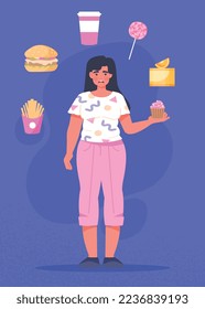 Concepto de dieta poco saludable. Mujer rodeada de comida rápida, nutriente desequilibrado con gran cantidad de grasas e hidratos de carbono. Icono de la chica y la hamburguesa, el muffin y las patatas fritas. Dibujo vectorial plano de dibujos animados