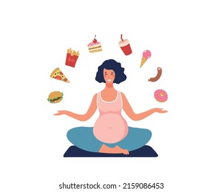 Unhealthy diet during pregnancy and lactation. Woman surrounded by fast food, sweets, soda. The concept of unhealthy food. Flat vector cartoon illustration isolated on white.