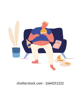 Unhealthy Eating Bad Habit Concept. Fat Man Sitting on Couch at Home with Plenty of Fast Food Contain Carbohydrates and Oils, Fastfood Addiction, Obesity Cartoon Flat Vector Illustration, Line Art