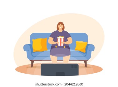 Unhealthy Eating, Bad Habit Concept. Fat Lazy Woman Sit On Couch At Home With Fast Food Watching Tv. Fastfood Addiction, Female Character Laziness, Degradation, Obesity. Cartoon Vector Illustration