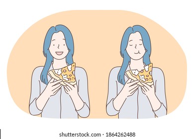 Unhealthy eating, fast and junk food, calories concept. Young happy girl cartoon character eating fast food slices of pizza at home or in cafe. Overweight, snack, harmful eating vector illustration