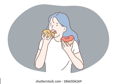 Unhealthy eating, fast and junk food, calories concept. Young stressed girl cartoon character eating fast food sugar fat donuts at home or in cafe. Overweight, snack, lifestyle, harmful eating