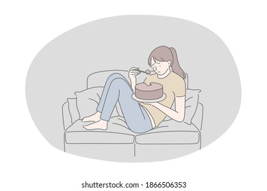 Unhealthy eating, fast and junk food, calories concept. Young stressed unhappy girl cartoon character sitting on sofa eating fast food sugar fat cake at home. Overweight, snack, harmful eating