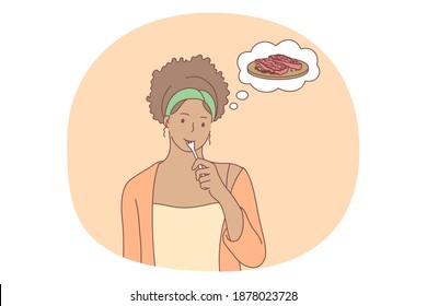 Unhealthy eating, fast and junk food, calories concept. Young positive girl cartoon character standing and dreaming of eating fast food sugar fat waffles. Overweight, snack, lifestyle, harmful eating