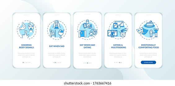 Unhealthy eating habits onboarding mobile app page screen with concepts. Disorder, ignoring body signals walkthrough 5 steps graphic instructions. UI vector template with RGB color illustrations