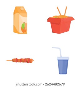 Unhealthy eating icons set cartoon vector. Orange juice, noodles, water and kebab. Junk nutrition, street food