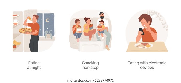 Unhealthy eating isolated cartoon vector illustration set. Eating at night, secret eater, snacking non-stop, in front of tv with chips, bad food habits, eating with smartphone vector cartoon.