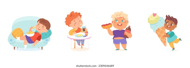 Unhealthy eating, sedentary inactive lifestyle, gluttony problems of overweight kids set vector illustration. Cartoon isolated children with big belly lying on sofa, kids drink and eat fast food