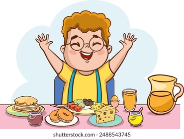 Unhealthy eating, sedentary inactive lifestyle, gluttony problems of overweight kids set vector illustration. Cartoon isolated children with big belly lying on sofa, kids drink and eat fast food