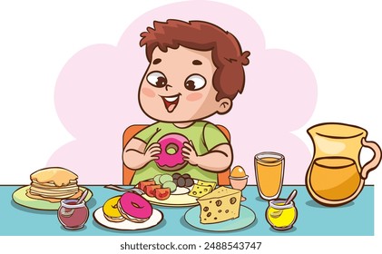 Unhealthy eating, sedentary inactive lifestyle, gluttony problems of overweight kids set vector illustration. Cartoon isolated children with big belly lying on sofa, kids drink and eat fast food