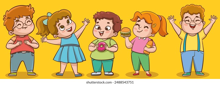 Unhealthy eating, sedentary inactive lifestyle, gluttony problems of overweight kids set vector illustration. Cartoon isolated children with big belly lying on sofa, kids drink and eat fast food