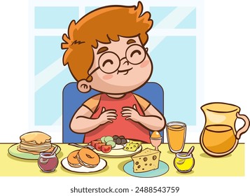 Unhealthy eating, sedentary inactive lifestyle, gluttony problems of overweight kids set vector illustration. Cartoon isolated children with big belly lying on sofa, kids drink and eat fast food