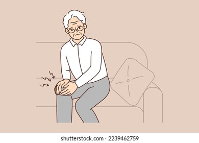 Unhealthy elderly man sit on couch suffer from knee pain. Unwell sick mature grandfather struggle with rheumatism or osteoarthritis. Vector illustration. 