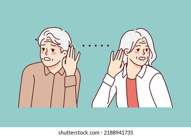 Unhealthy elderly people suffer from hearing problems. Unwell sick mature man and woman struggle with listening disabilities. Geriatric healthcare. Vector illustration. 