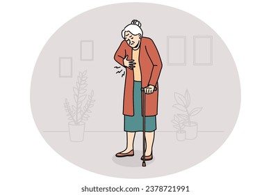 Unhealthy elderly woman touch heart suffer from pain. Unwell mature grandmother struggle with cardiac arrest or infarction. Healthcare concept. Vector illustration.