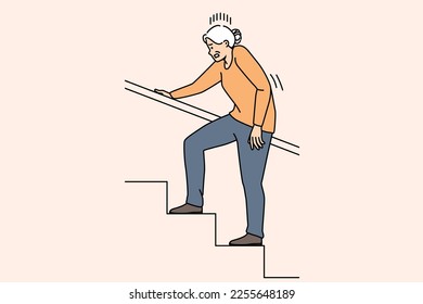 Unhealthy elderly woman walking upstairs suffer from pain or ache. Unwell mature grandmother struggle climbing staircase indoors. Vector illustration. 